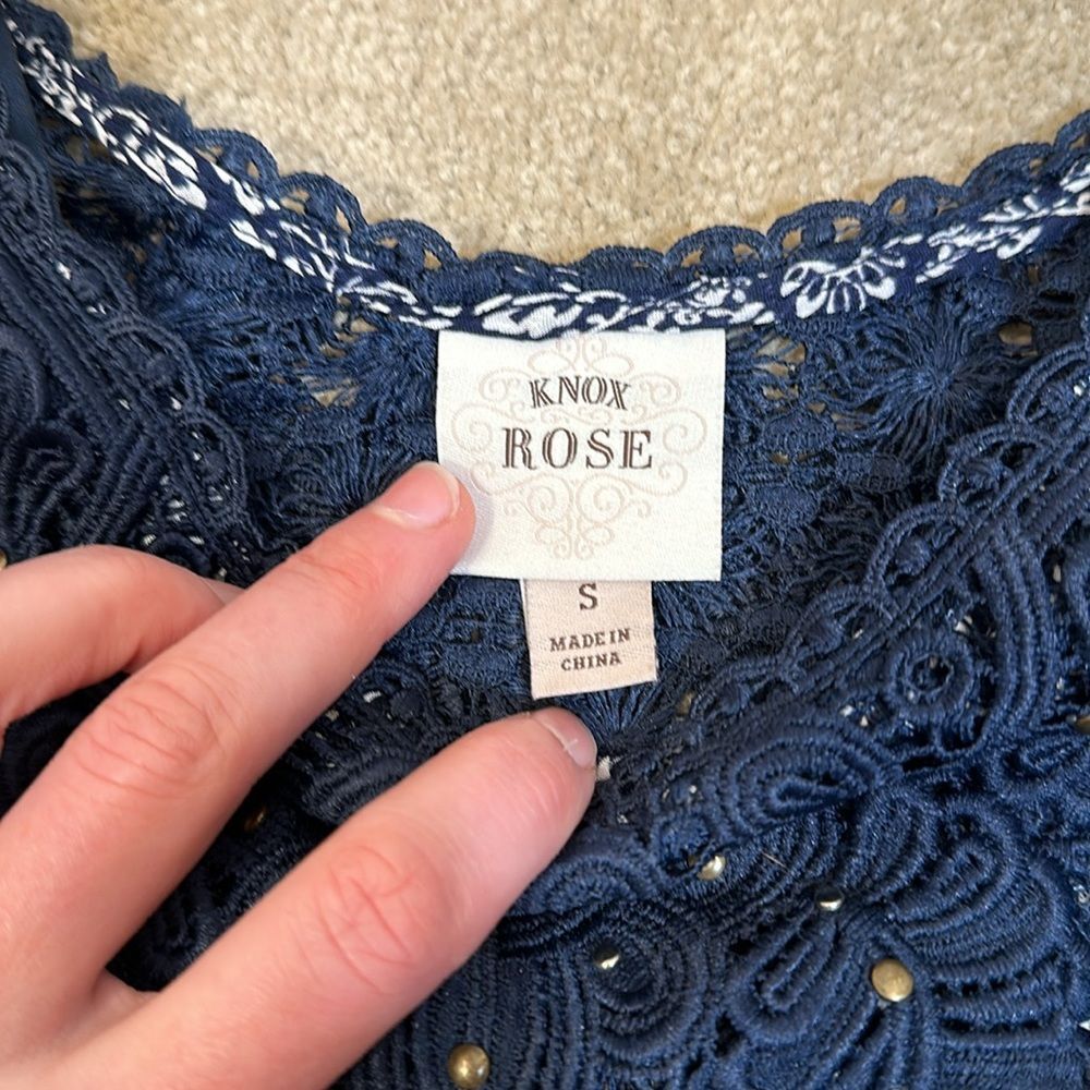 Knox Rose Embroidered Lace Blue White Floral Mini Cold Shoulder Dress Small - Picture 7 of 9